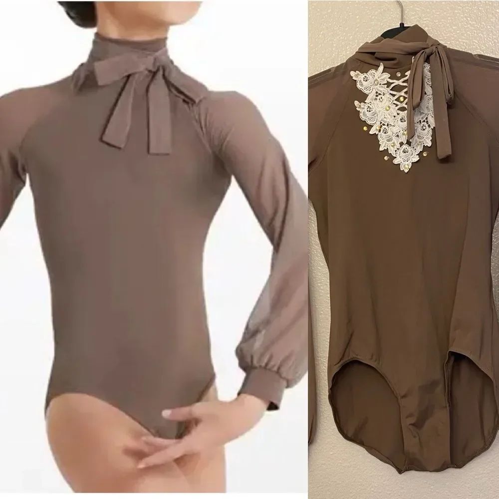 Weissman Balera Dance costume brown poet Long Sleeve Bow Tie Leotard MT11449 SA